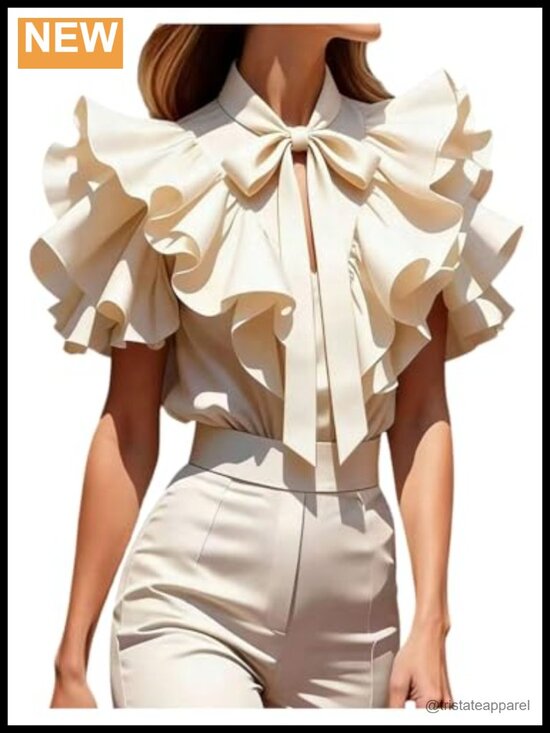 Tops - Ruffle Bow Tie Blouse Top Womens Dressy Business Casual Summer